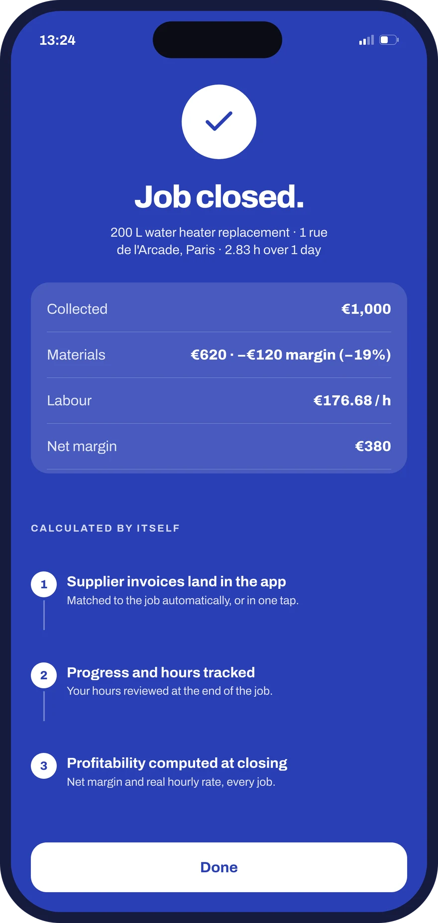 A closed job in Donizo showing money collected, materials, labour and net margin