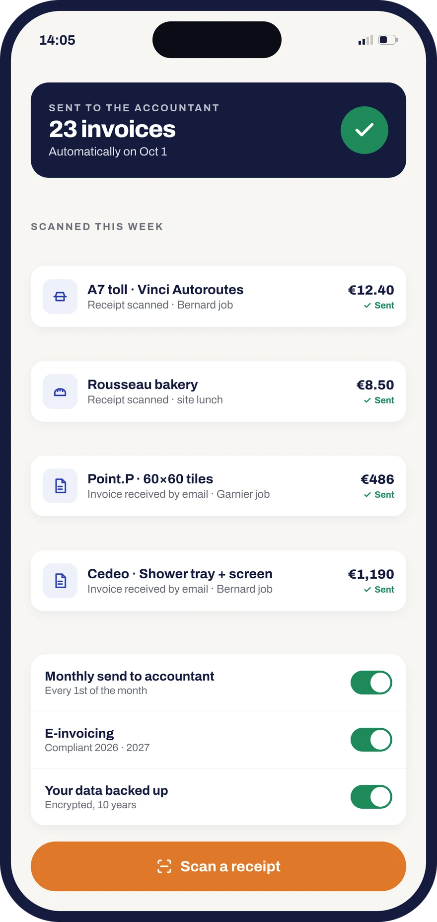 Invoices and receipts sent to the accountant automatically from Donizo, e-invoicing switched on